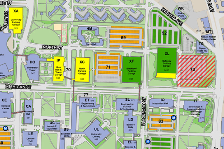 Map of parking lots 71, 69, and 92 on IU Indianapolis Campus